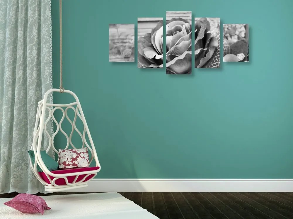 Quadri 5 pezzi – Rosa vintage elegante in bianco e nero