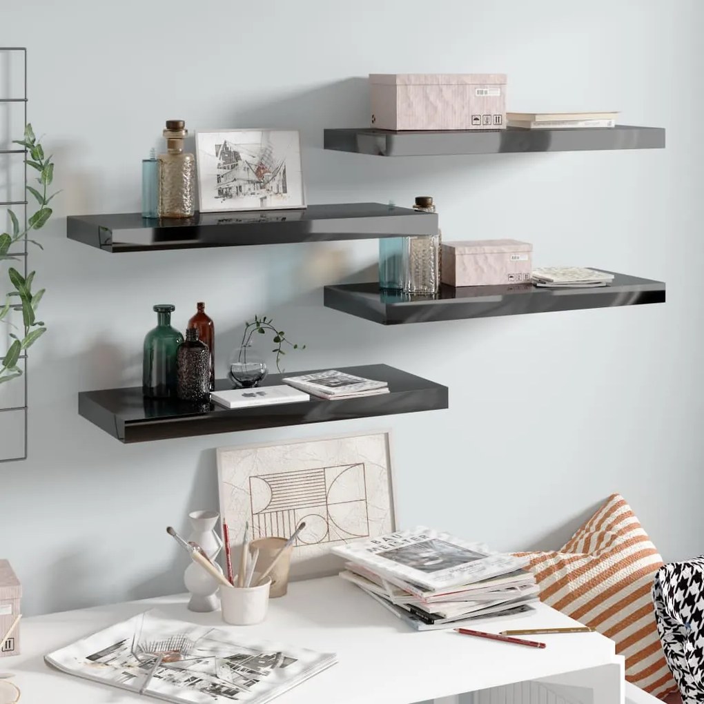 Scaffali A Parete 4 Pz Nero Lucido 60x23,5x3,8 Cm İn Mdf /