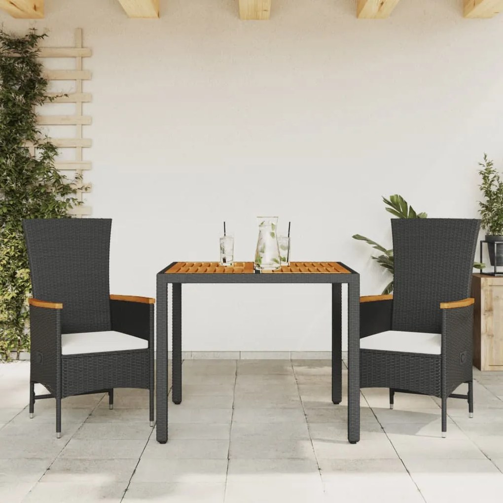 Set Da Pranzo Da Giardino 3 Pz Con Cuscini Nero İn Polyrattan /