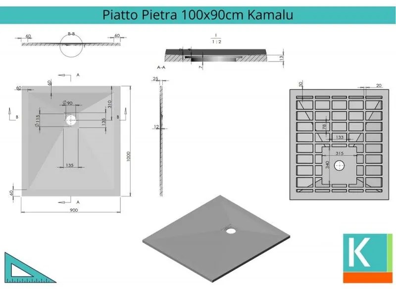 Kamalu - piatto doccia 90x100 effetto pietra colore nero ardesia