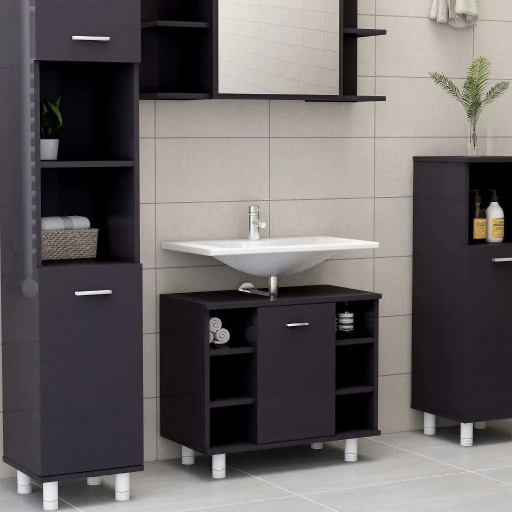 Set Mobili da Bagno 4 pz Grigio Lucido in Truciolato