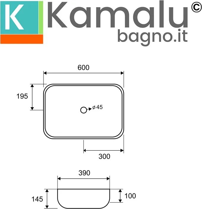 Lavabo da appoggio colore nero opaco design rettangolare arrotondato | 60cm MIL-LN - KAMALU