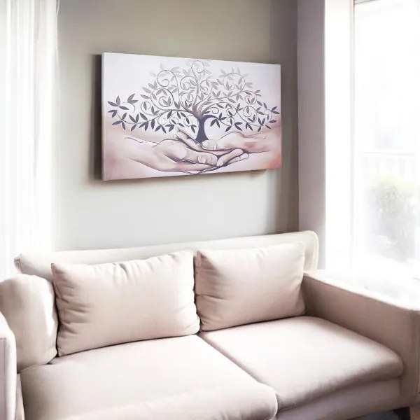 Quadro moderno in tela 65x125 cm tema Albero Della Vita con dettagli in argento