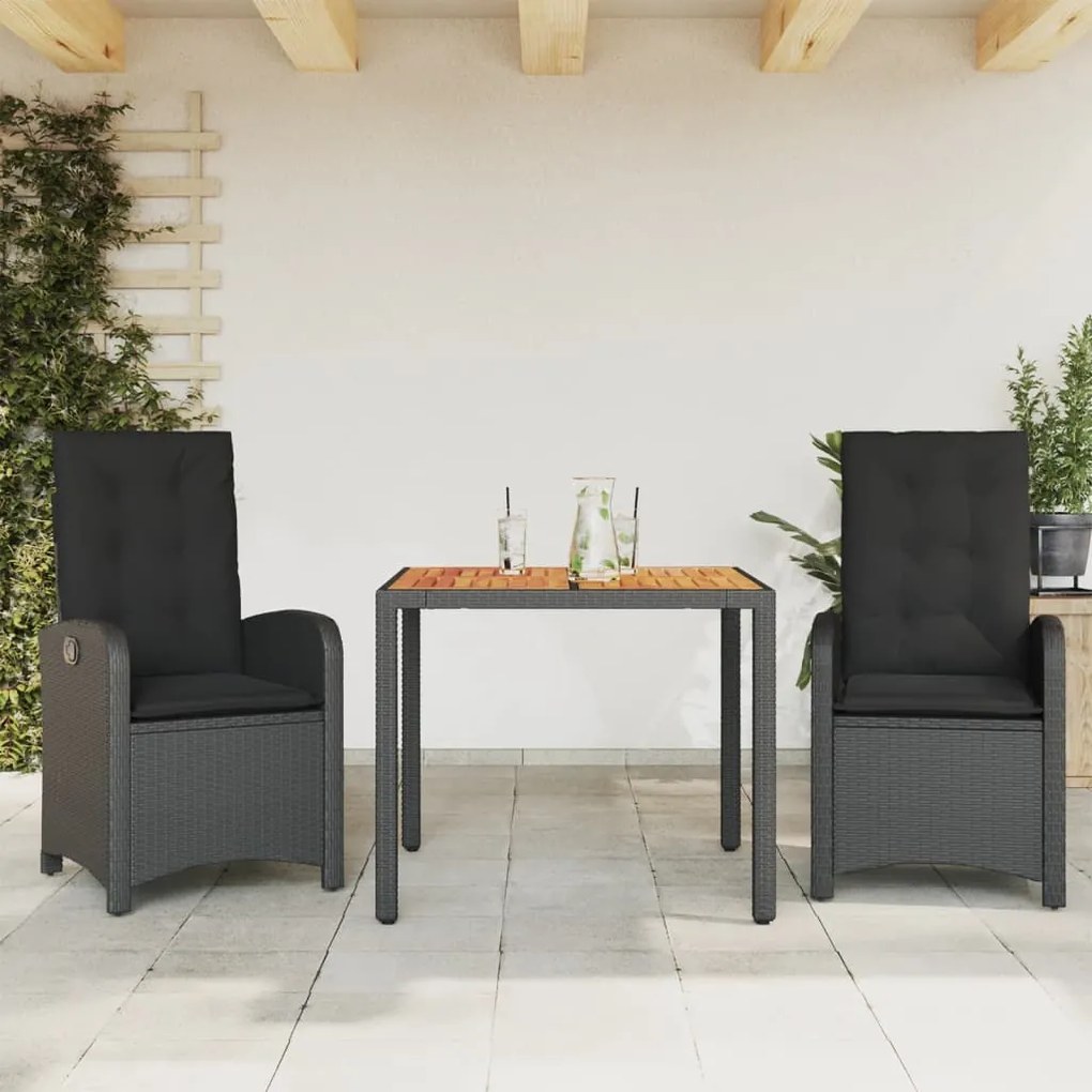 Set da Pranzo da Giardino 3 pz con Cuscini Nero in Polyrattan