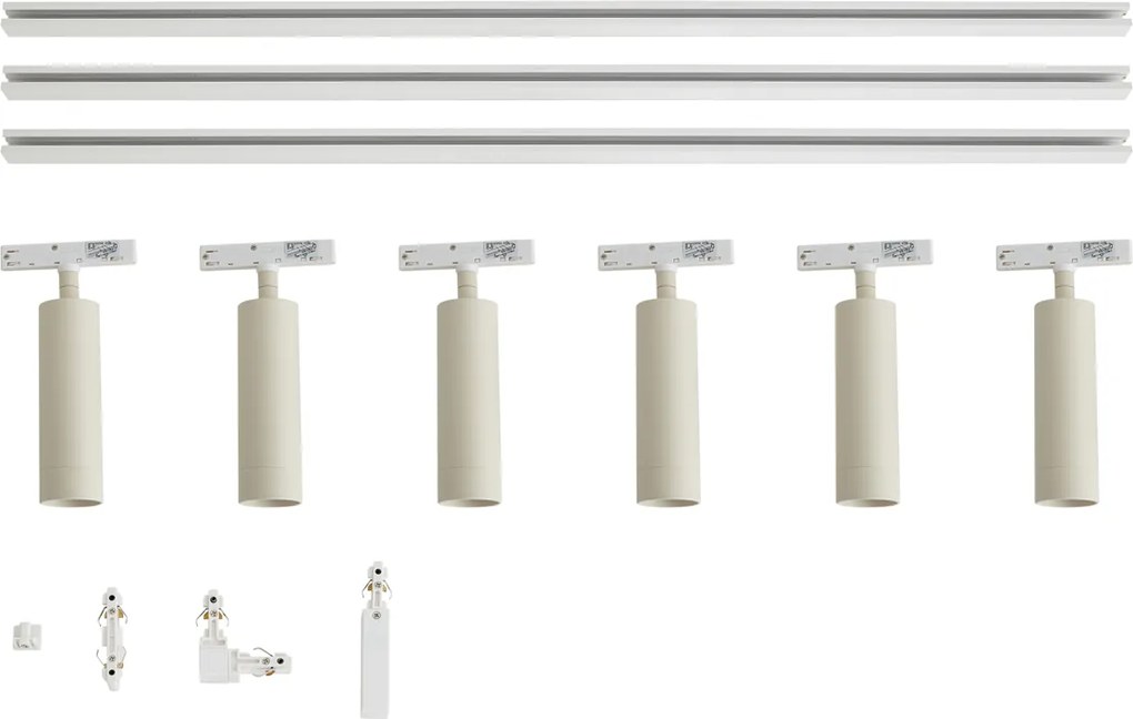 Sistema di illuminazione a binario moderno bianco con 6 faretti beige monofase - Slimline Uzzy