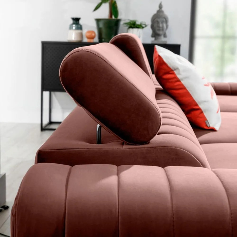 Divano angolare rosa allungabile/con contenitore (con penisola a destra/con chaise lounge) e rivestimento in velluto Grayson – ELTAP