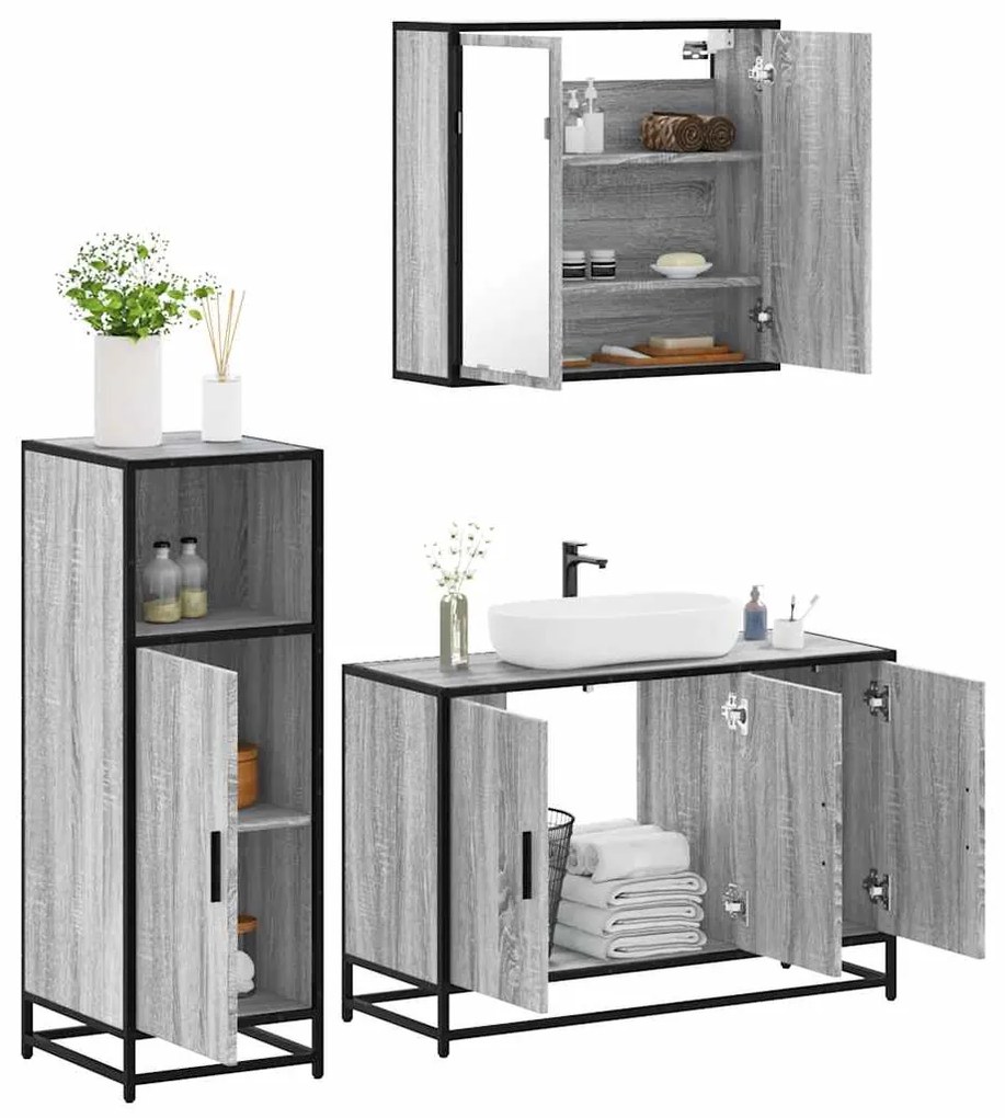Set Mobili Da Bagno 3 Pz Grigio Sonoma İn Legno Multistrato /