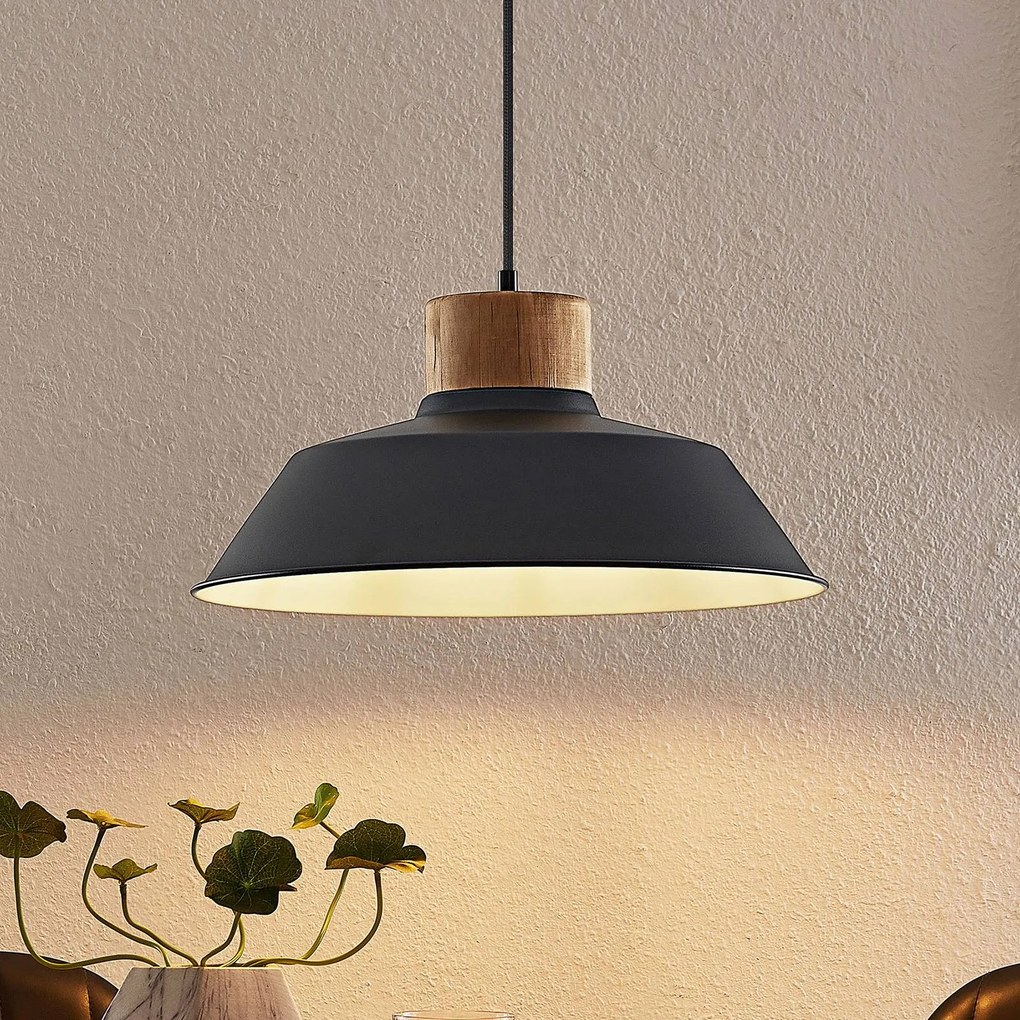 Lampada a sospensione Lindby Nefeli, Ø 42 cm, nero, legno, metallo