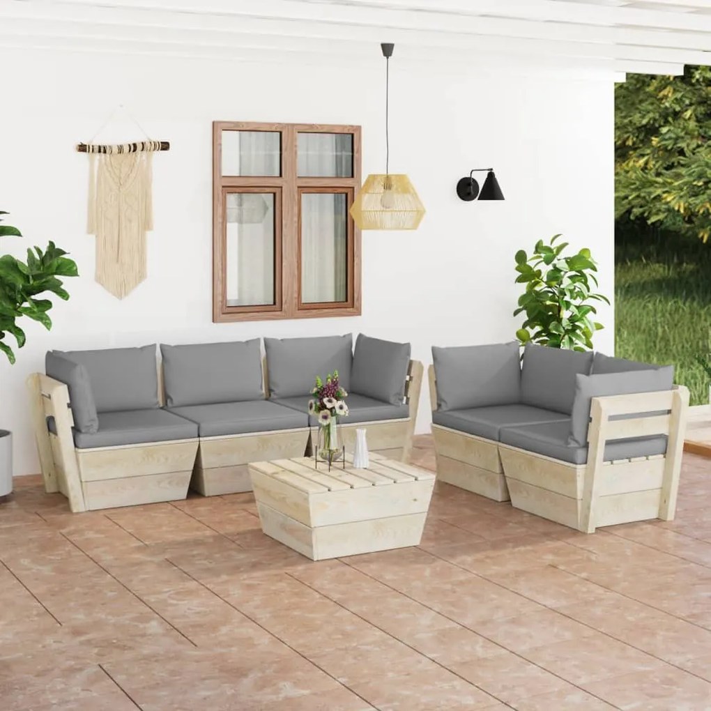 Set divani da giardino su pallet 6 pz con cuscini legno abete