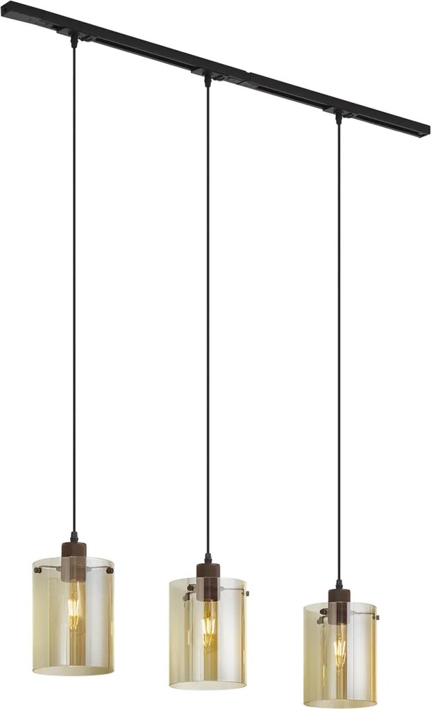 Sistema di illuminazione a binario moderno nero con 3 lampade a sospensione in vetro ambrato monofase - Iconic Dome