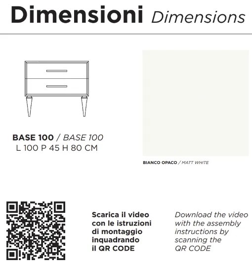 Mobile bagno moderno 100 cm - Bianco Opaco - 2 cassetti - Lavabo - CLASSIC