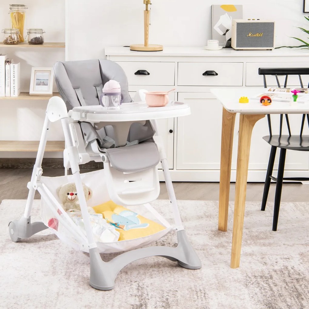 Costway Seggiolone per bambini con 2 ruote e vassoio rimovibile, Seggiolone pieghevole con cuscino smontabile Grigio