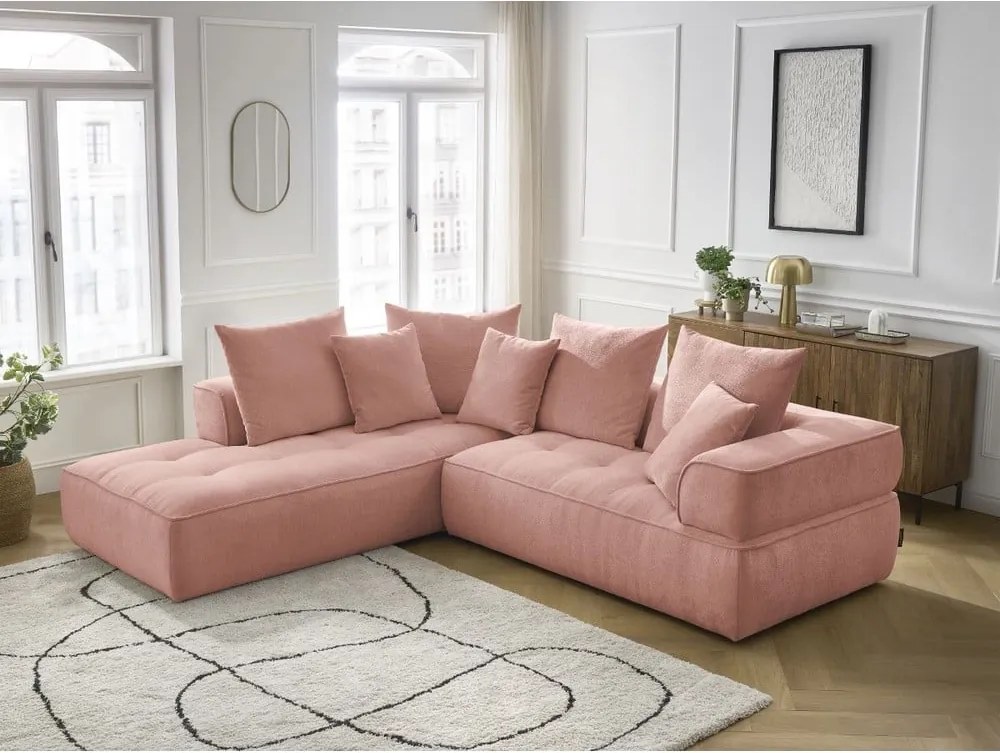 Divano angolare rosa (penisola a sinistra/a L) con rivestimento in ciniglia Whesley – Bobochic Paris
