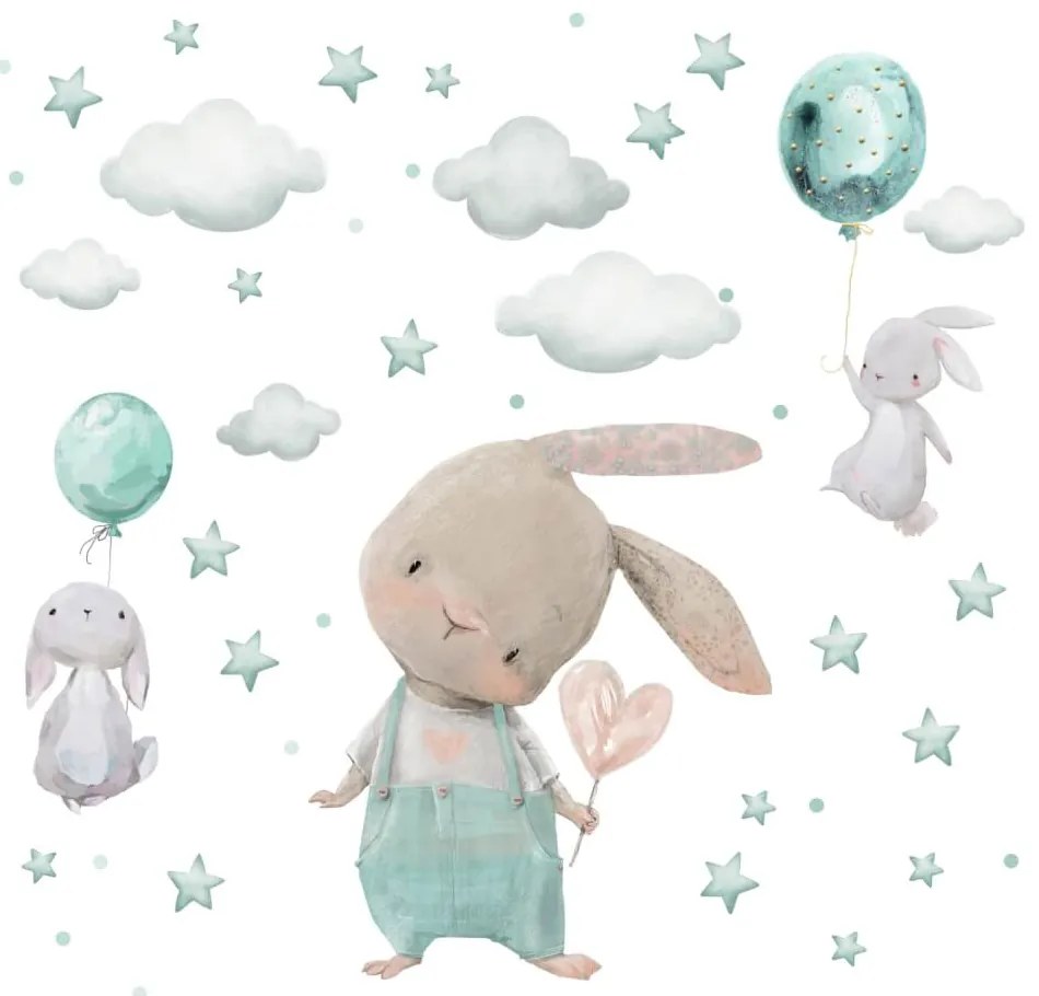 Adesivi Murali per Bambini - Coniglietti con Stelle nel Colore Menta | Inspio