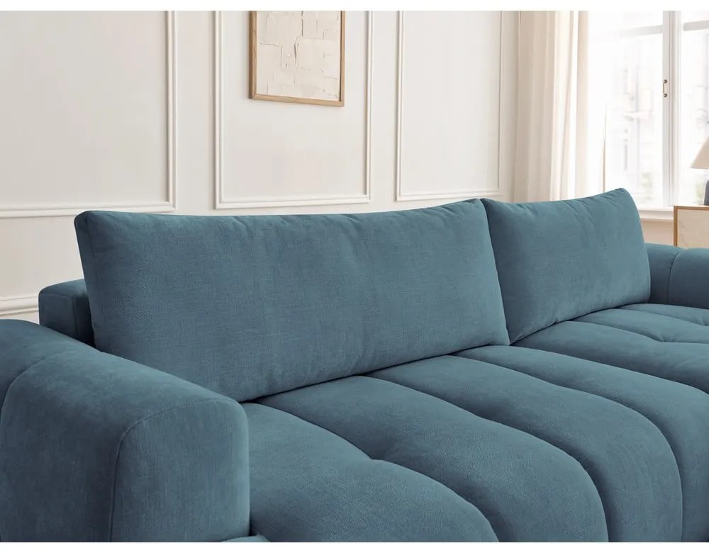Divano angolare blu allungabile e con contenitore (penisola a destra/chaise lounge) con rivestimento in ciniglia Fuji – Bobochic Paris