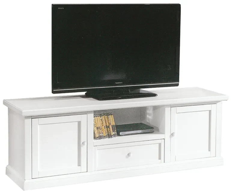 Porta TV moderno L.180 cm finitura Bianco laccato lucido e Castagno