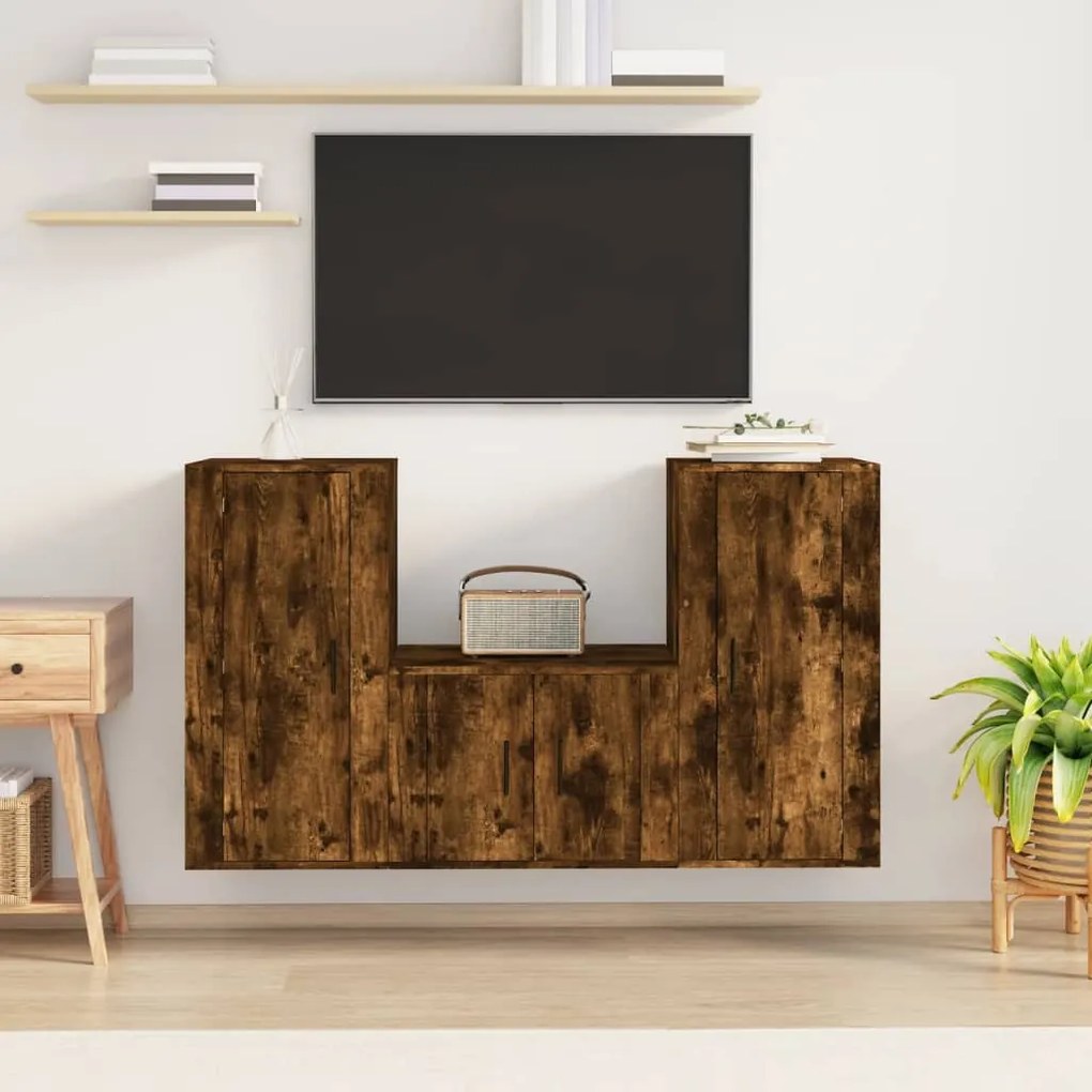 Set Mobili Porta Tv 3 Pz Rovere Fumo İn Legno Multistrato /