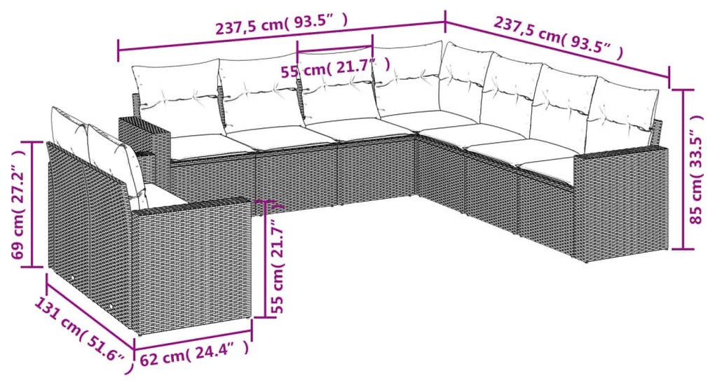 Set divano da giardino 9pz con cuscini grigio chiaro polyrattan