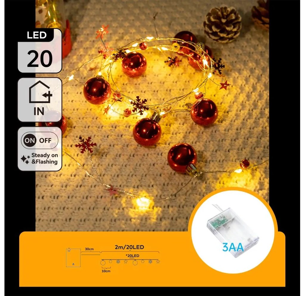 Aigostar - Catena luminosa LED di Natale 20×LED/3×AA 2 m bianco caldo