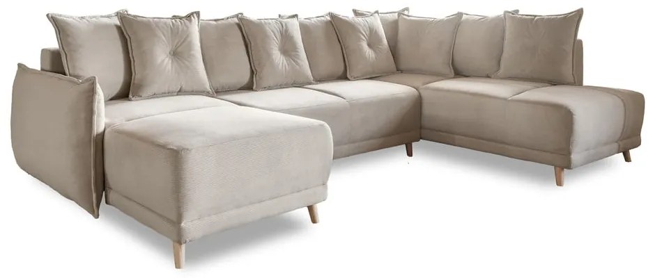 Divano letto angolare in velluto a coste beige (angolo destro a forma di U) Lazy Lukka - Miuform
