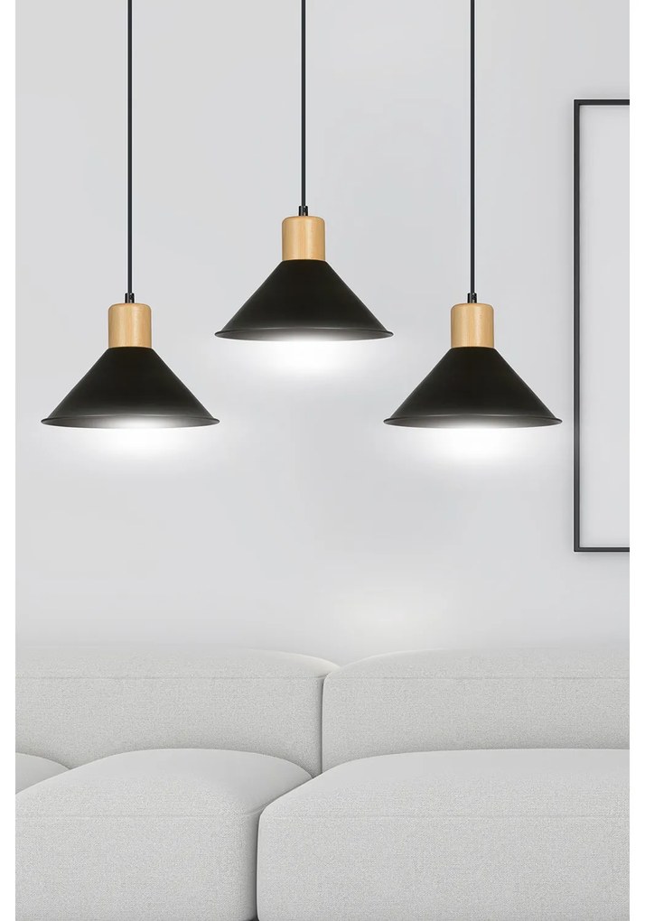 Sospensione Nordica 3 Luci Chandra In Acciaio Nero E Legno