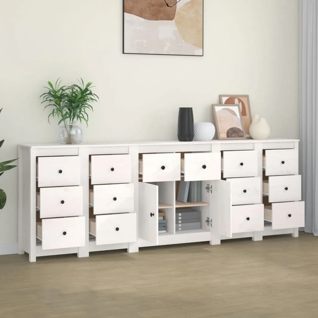 Credenza Bianca 230x35x80 Cm İn Legno Massello Di Pino /