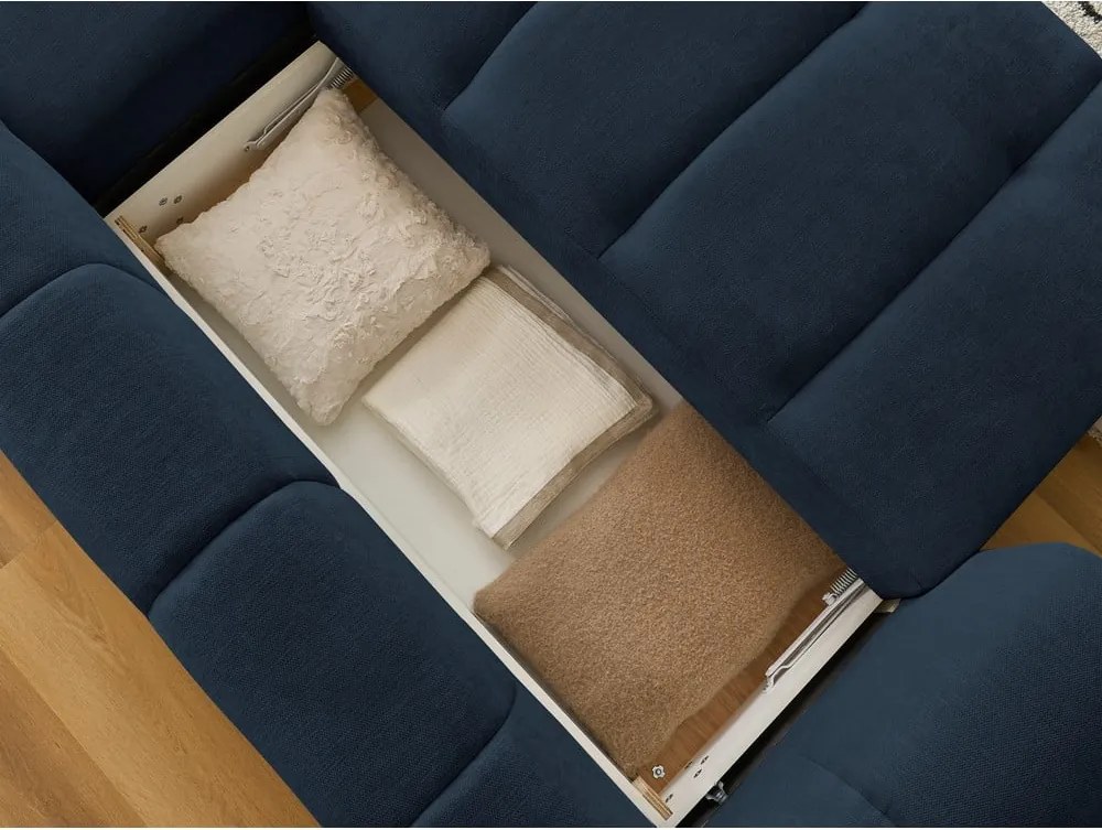 Divano angolare blu scuro allungabile e con contenitore (penisola a destra/chaise lounge) con rivestimento in ciniglia Fuji – Bobochic Paris