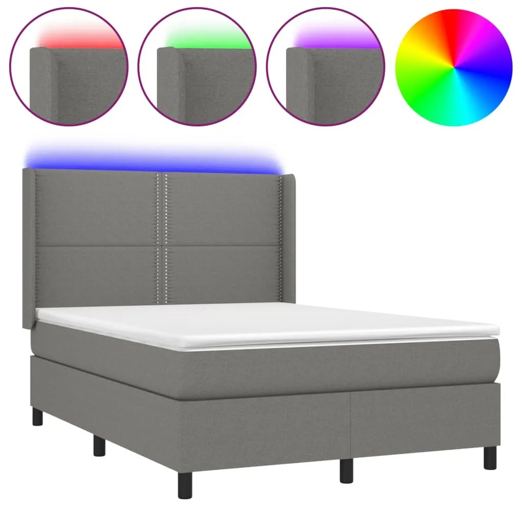 Letto a molle materasso e led grigio scuro 140x200cm in tessuto