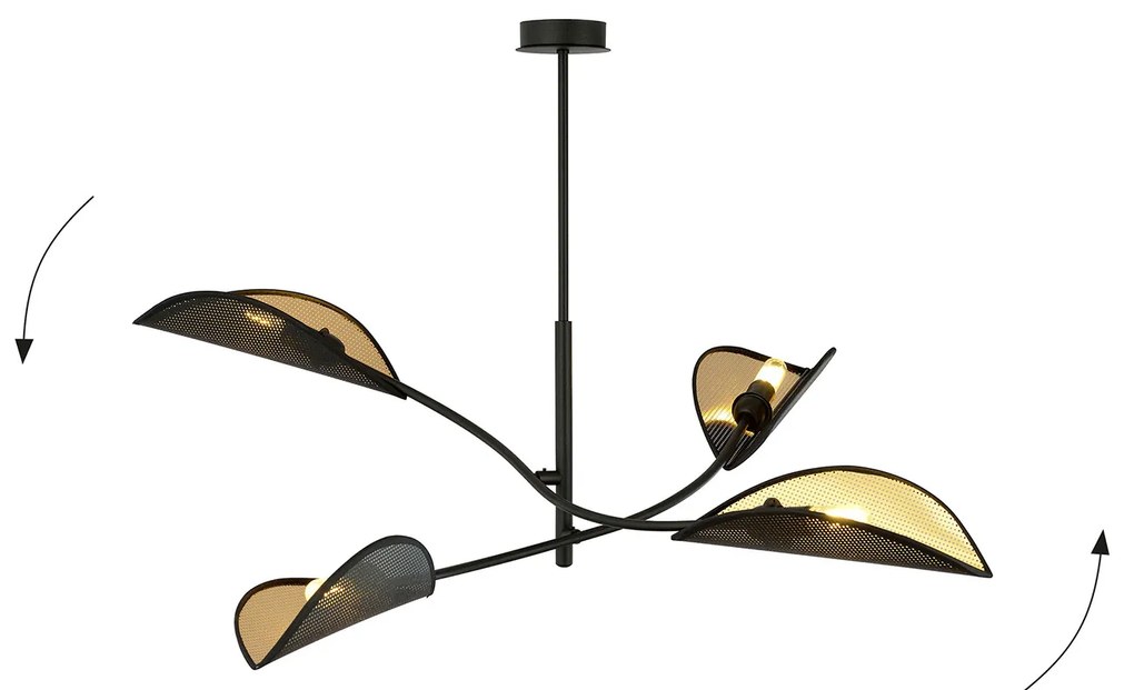 Sospensione Nordica 4 Luci Ares In Acciaio Nero Oro Bracci Regolabili
