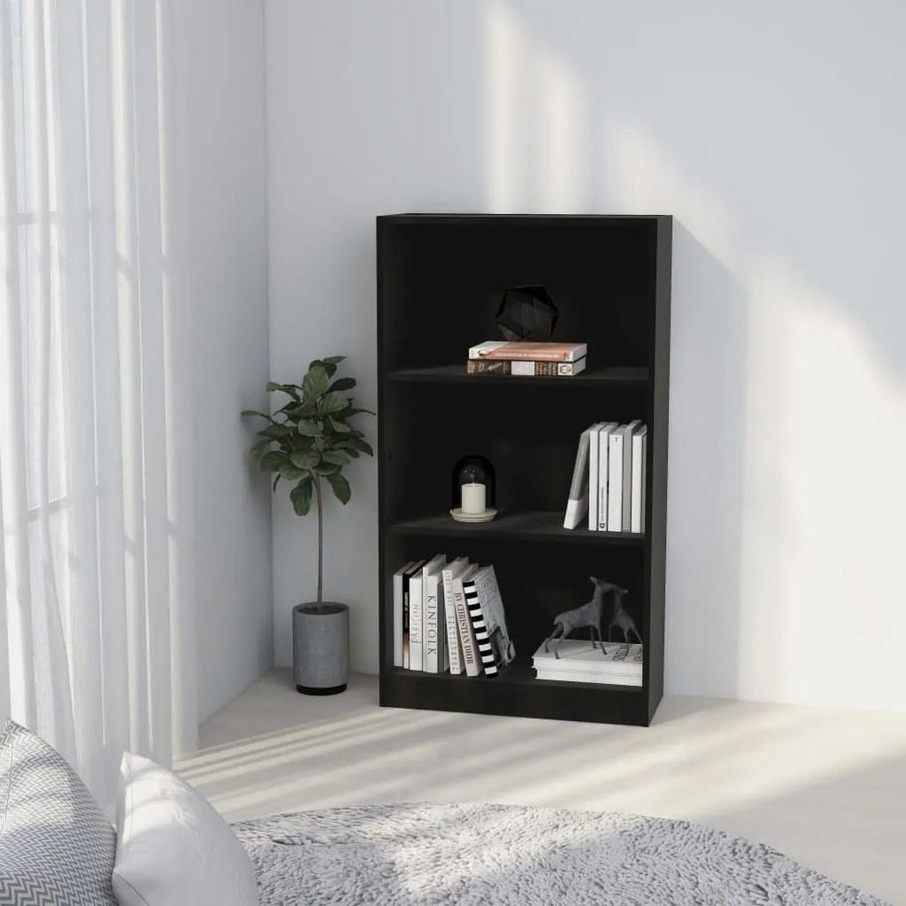 Libreria a 3 ripiani nera 60x24x109 cm in legno multistrato