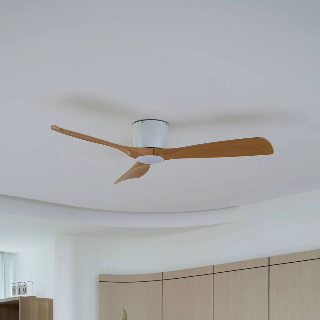 Lucande Smart LED ventilatore da soffitto Moneno, bianco/legno, Tuya