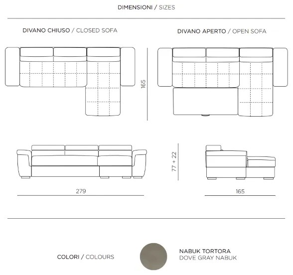 Divano letto angolare reversibile in nabuk 280 cm COMFORT Tortora