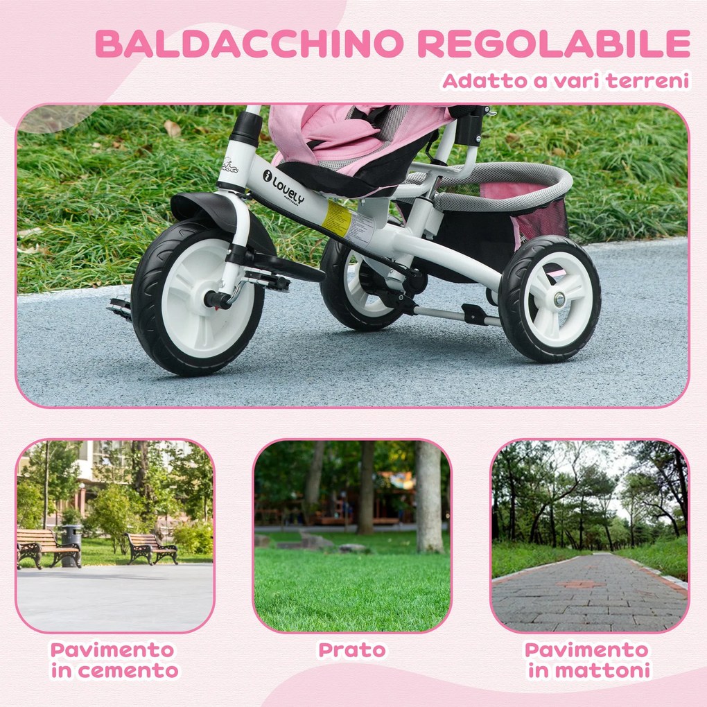 Triciclo per Bambini 1-5 Anni 102x49x102 cm con Maniglione e Tettuccio Regolabile Bianco e Rosa...