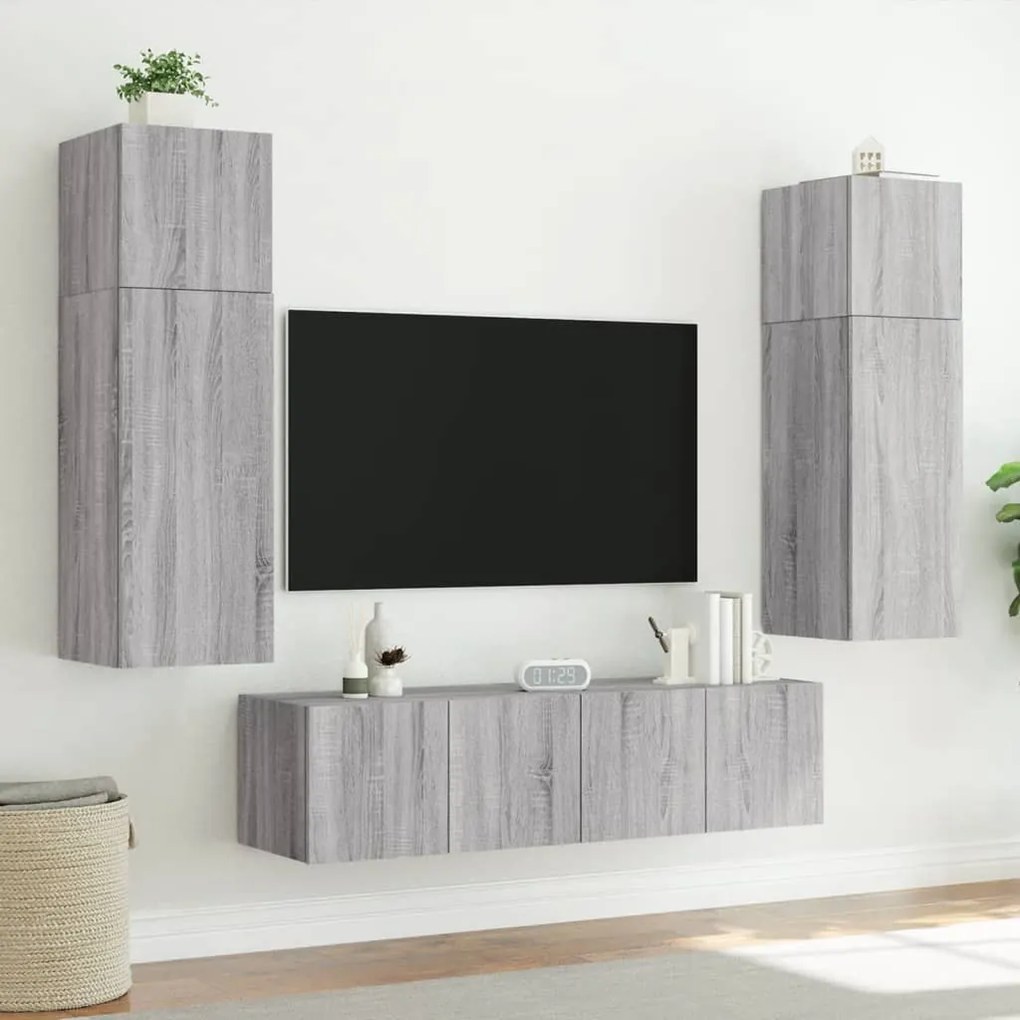 Mobili tv a parete con luci led 2pz grigio sonoma 80x35x31 cm