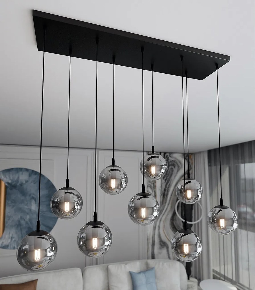 Lampadario a Sospensione in Acciaio e Vetro COSMO 9 Nero 9xE14