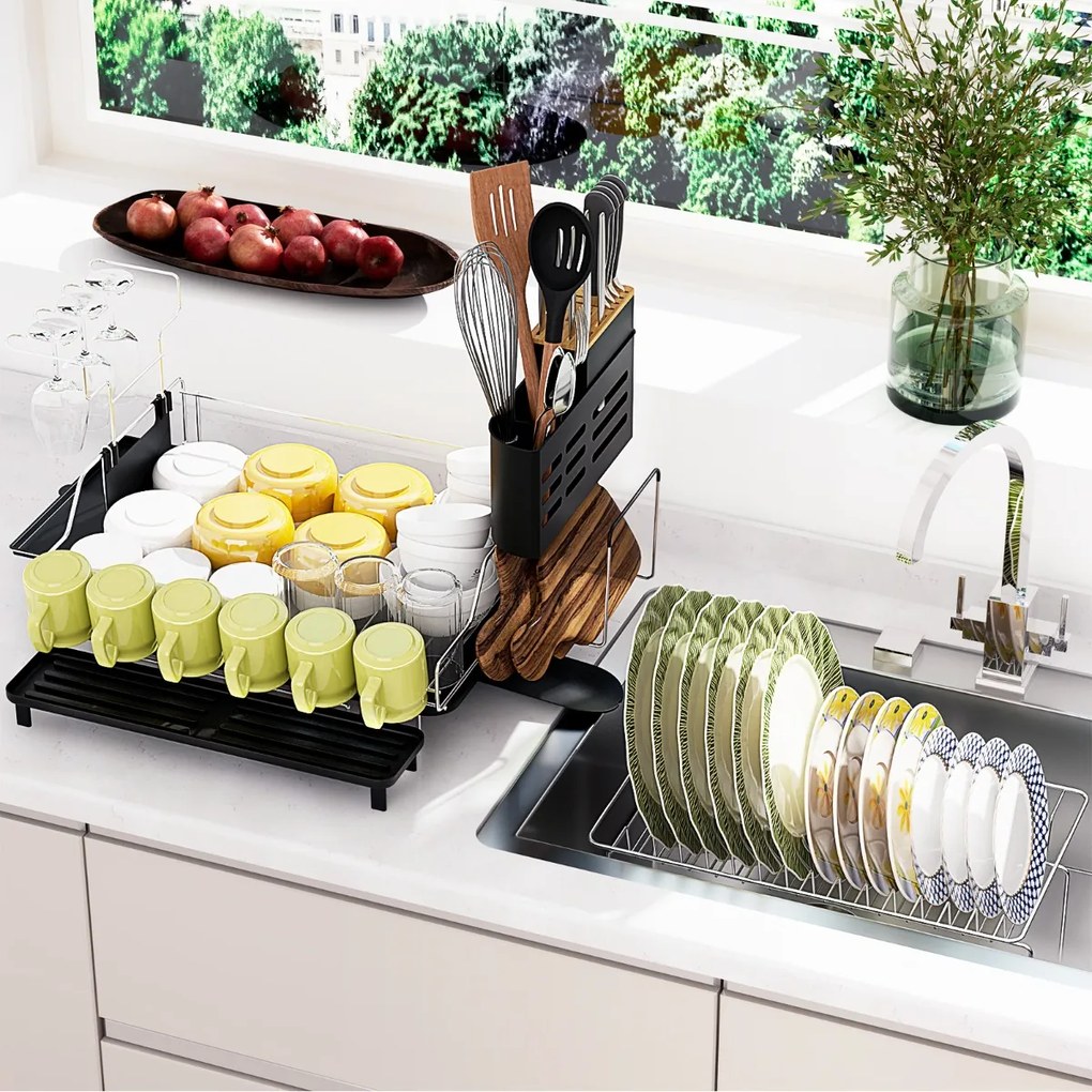 Costway Rack scolapiatti rimovibile con supporto per posate e tagliere a 2 livelli, Scolapiatti per bancone di cucina 58x42x37cm