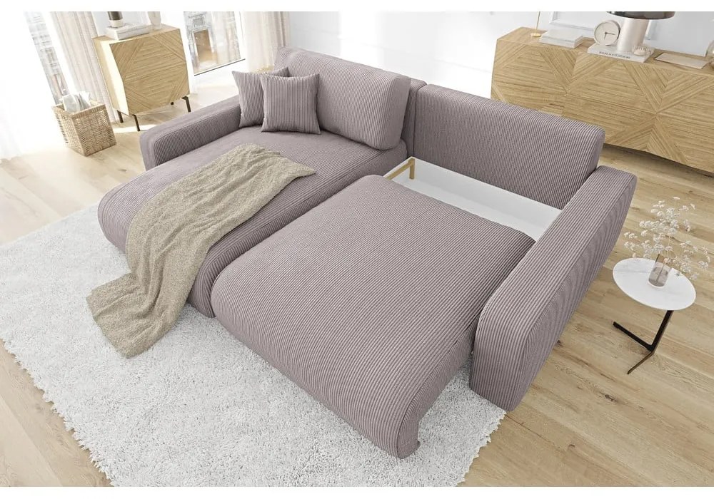 Divano letto angolare in velluto a coste rosa chiaro (penisola variabile) Sara - Ropez