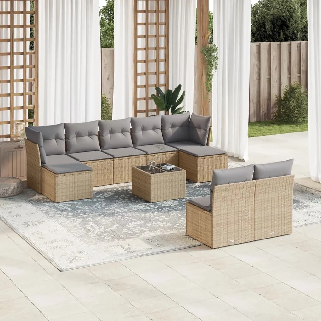 Set divano da giardino 10 pz con cuscini beige in polyrattan