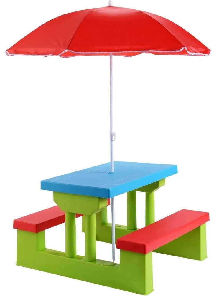 Costway Tavolo da picnic per bambini con parasole pieghevole Set di tavolo e panche per giardino 67x41x47cm