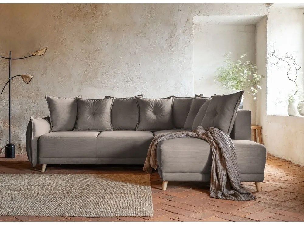 Divano letto in velluto a coste marrone chiaro (angolo destro) Lazy Lukka - Miuform