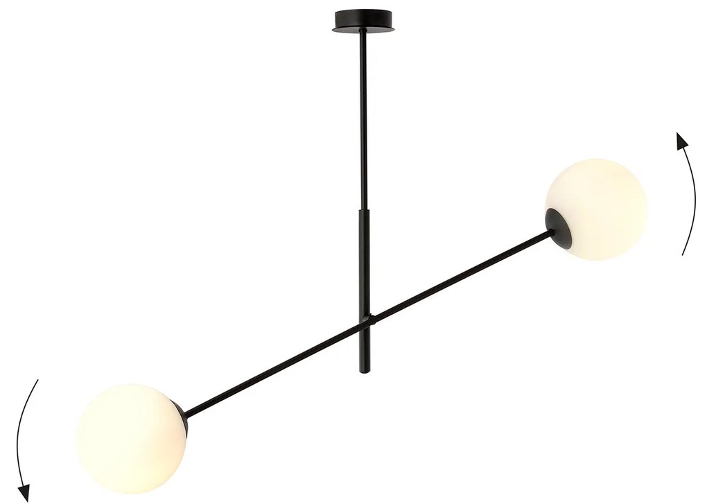 Lampadario 2 Luci Yama In Acciao Nero Con Bracci Regolabili E Vetro Opale