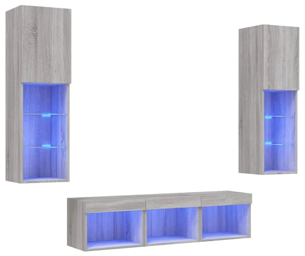 Mobili tv a muro con led 5pz grigio sonoma in legno multistrato