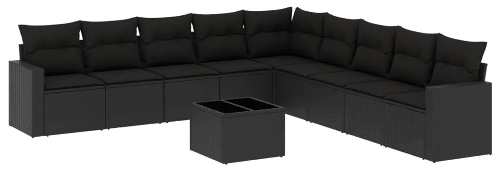 Set divani da giardino 10pz con cuscini in polyrattan nero