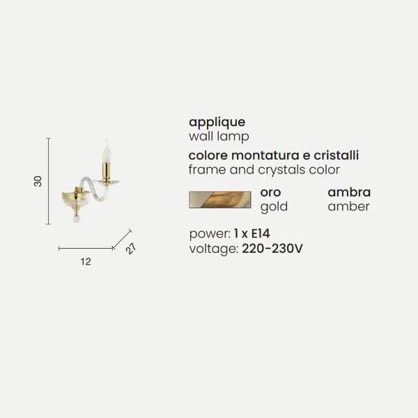 Applique PAGANINI a 1 Luce in vetro lavorato a mano 12 cm Ambra