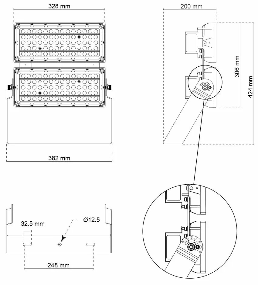 Faro Modulare LED 400W IP66, 167lm/W, Dimmerabile DALI - INVENTRONICS Colore Bianco Freddo 5.000K, Scegli l'angolo di illuminazione 60°, Scegli le staffe dei moduli Fisse