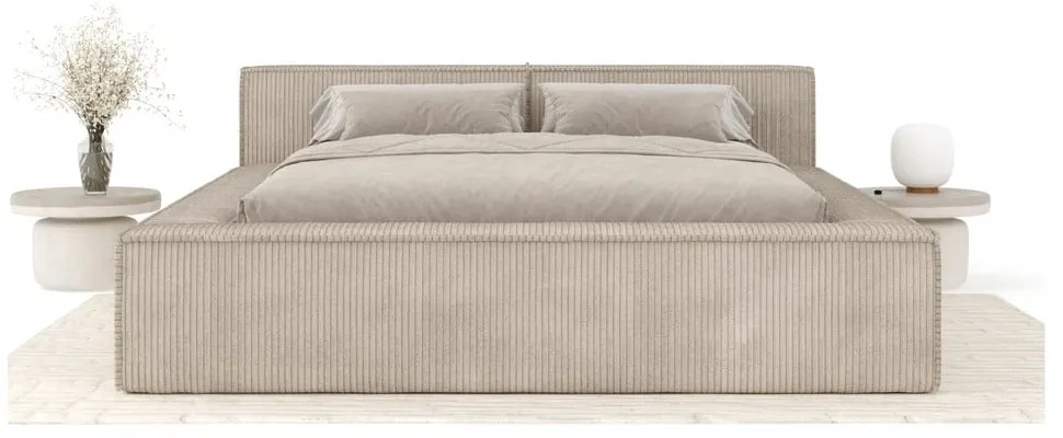 Letto matrimoniale imbottito beige con contenitore e rete inclusi 160x200 cm Voliera – Maison de Rêve