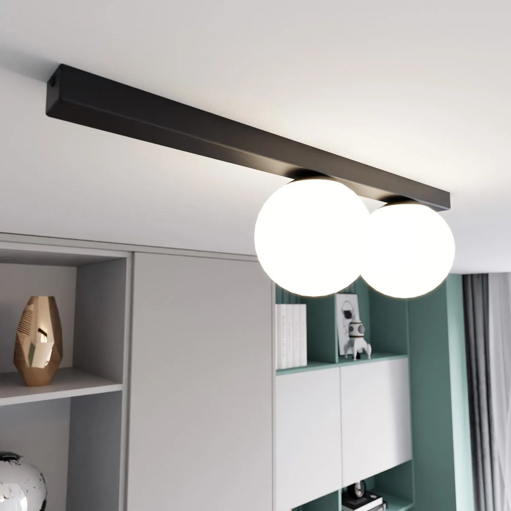 Plafoniera Moderna 2 Luci Giapeto Barra In Acciaio Nero E Sfere Di Vetro Opale