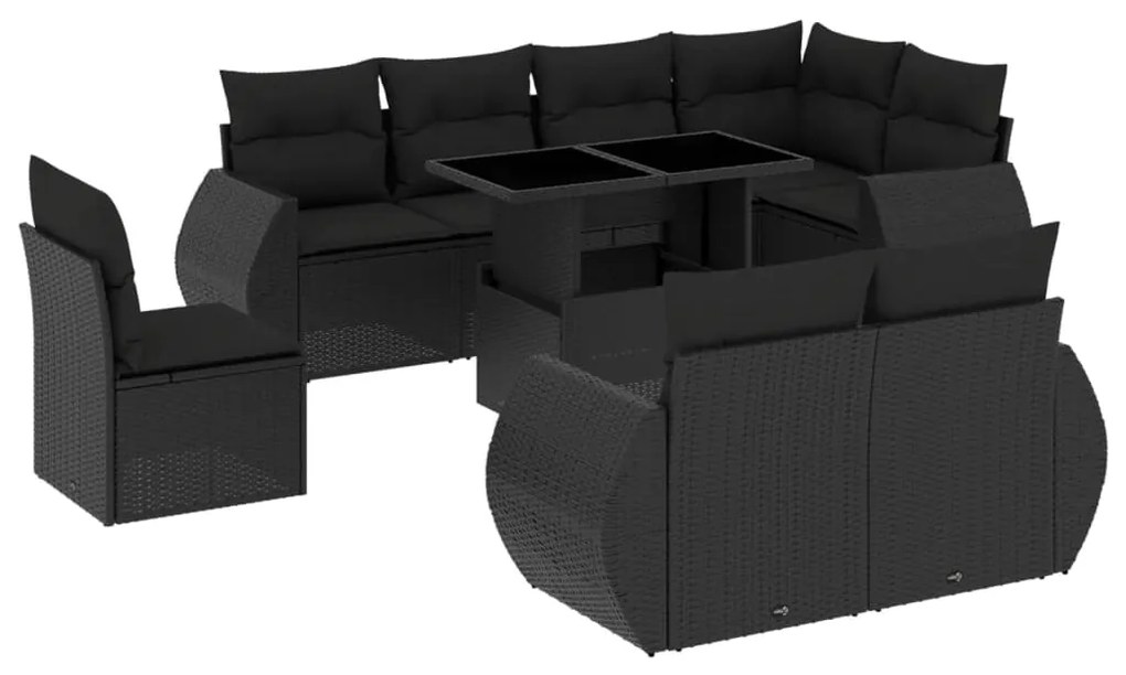 Set divani da giardino 9 pz con cuscini nero in polyrattan