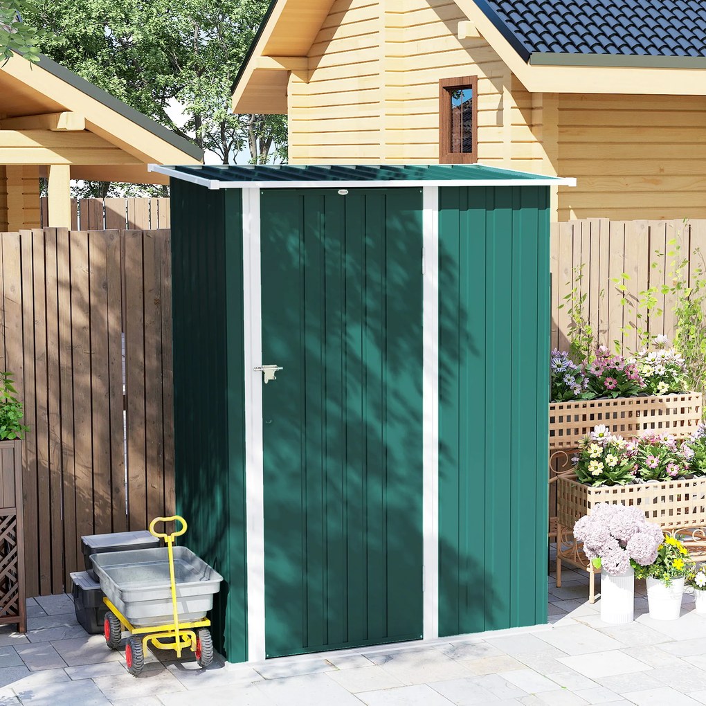 Capanno Porta Attrezzi 142x86x189 cm con Tetto Inclinato e Porta Bloccabile in Metallo Verde...