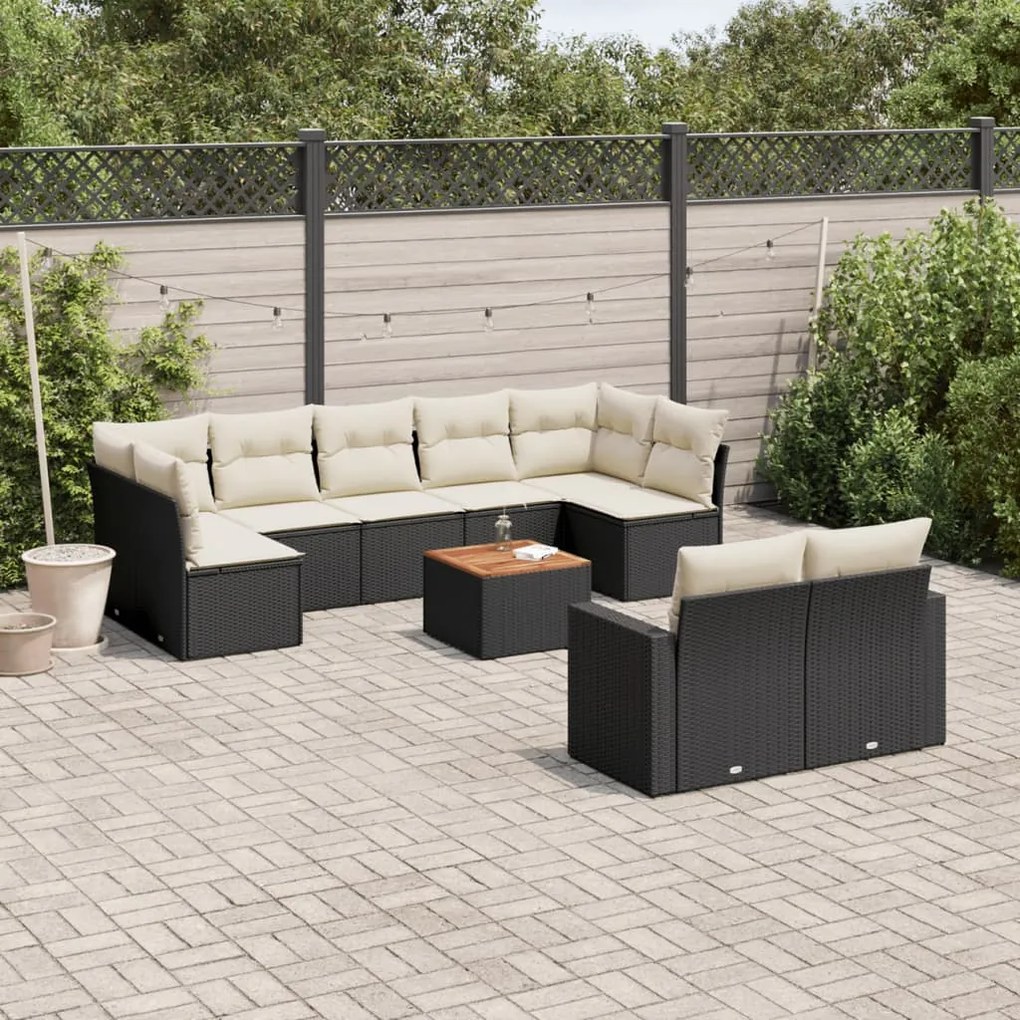 Set divani da giardino 10pz con cuscini in polyrattan nero